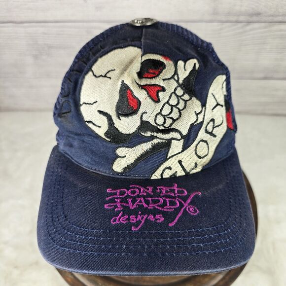 Y2k Ed Hardy Glory Skull Blue Snapback Trucker Hat OS Vintage - Picture 2 of 10